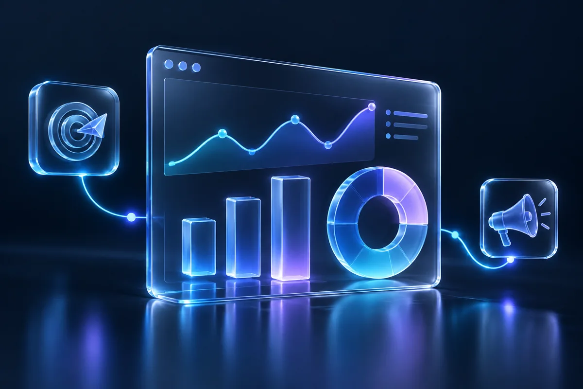 Conceptual glass dashboard illustrating connected marketing measurement.