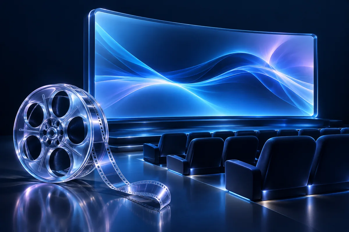 Cinema screen, seating and glass film reel illustrating cinema advertising.