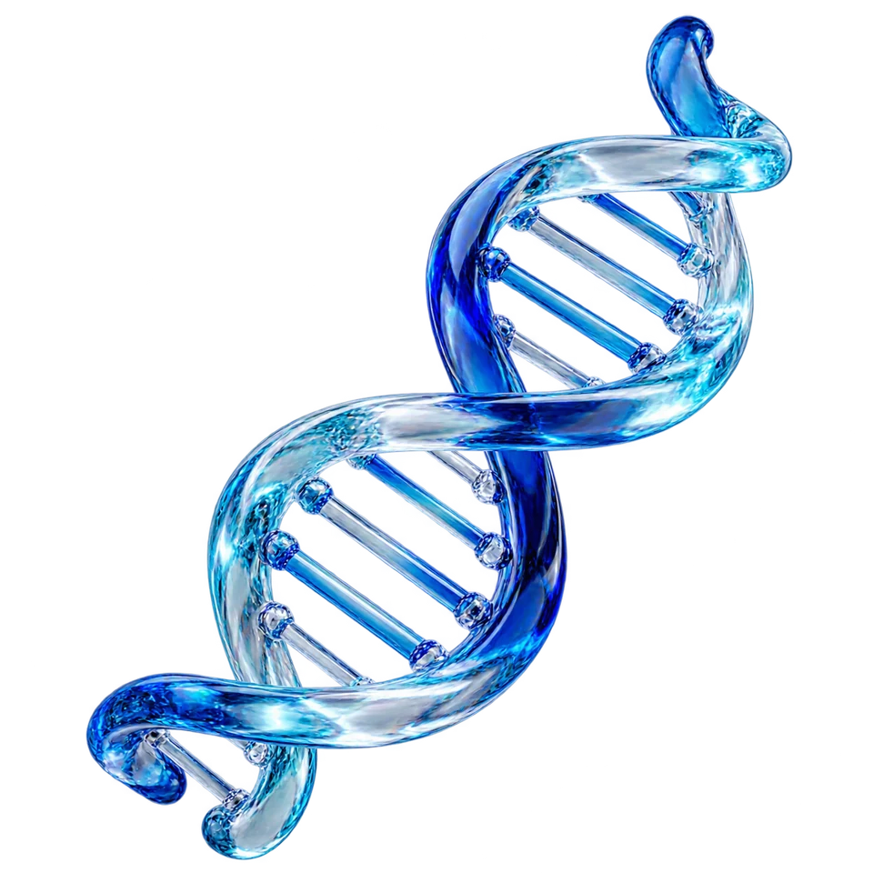 Sculptural blue glass DNA helix representing connected marketing strategy