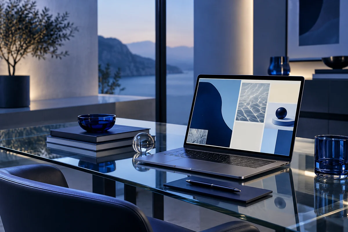 Conceptual marketing workspace with a laptop showing creative layouts on a glass desk