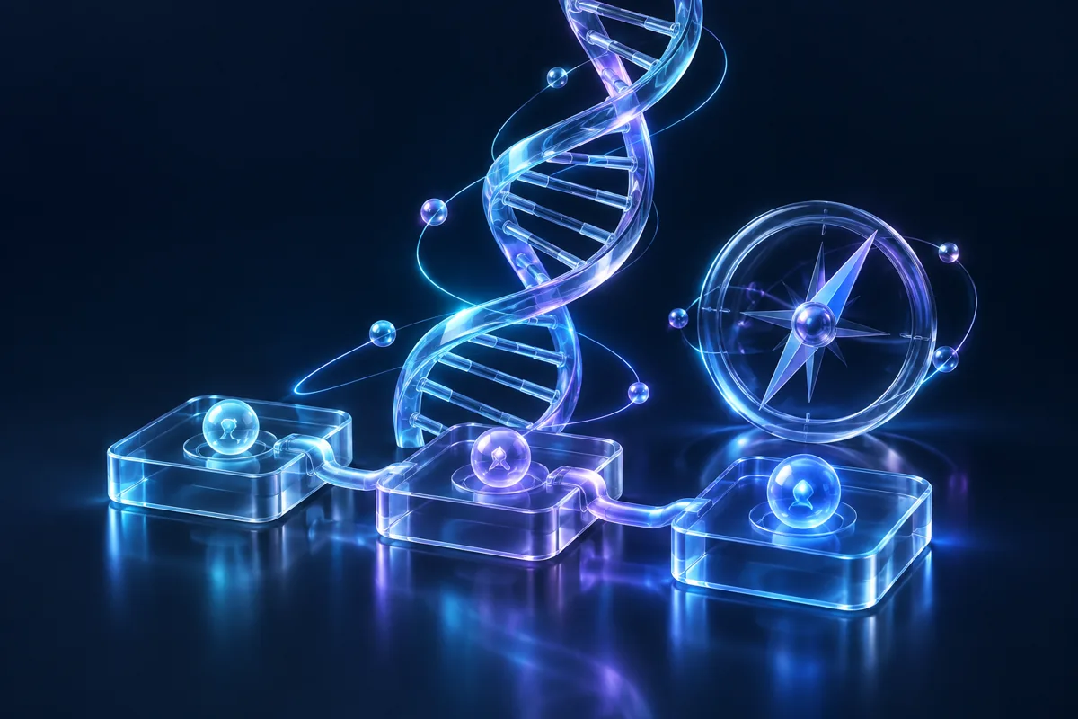 Glass DNA helix and connected modules illustrating a coordinated growth strategy.