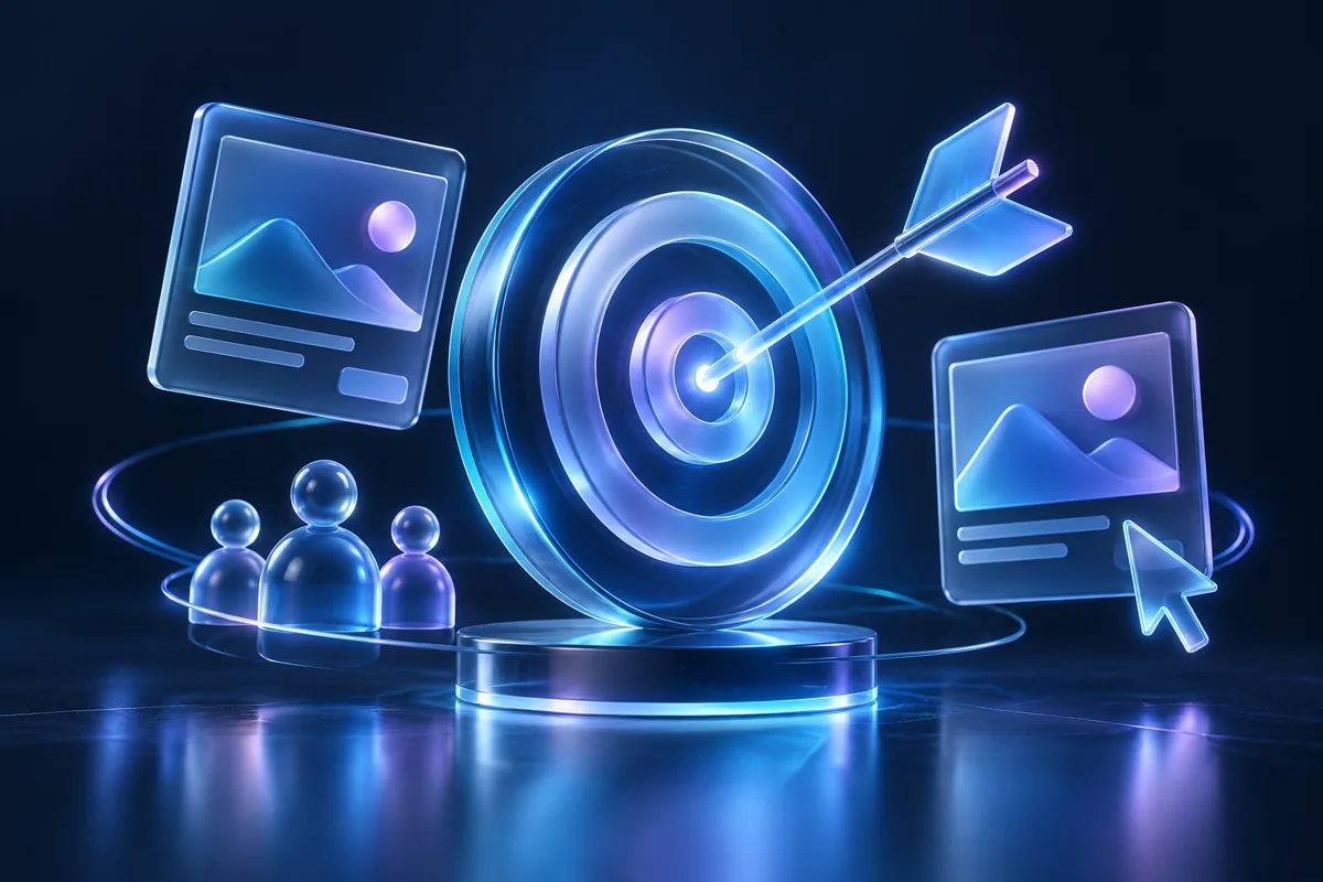 Glass target, advertising tiles and cursor, illustrating audience targeting.